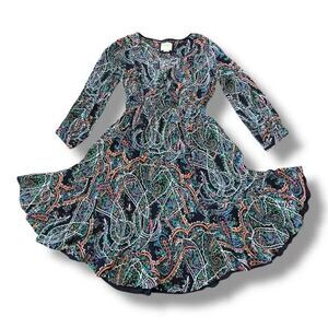 Anthropologie Maeve Paisley Long Sleeve V-Neck Dress Maplewood Blue SMALL